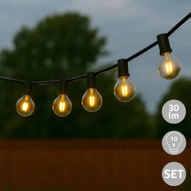 RexTech Solar lichtsnoer buiten 'Chain 10' - 10 filamentlampen - Met schemersensor - IP44 - Warm wit licht (2700K) - 30 lumen per lamp - 5,5 meter - Zwart - Tuinverlichting op zonne-energie