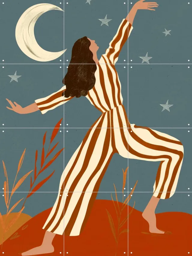 IXXI Moonlit Dance, Treechild & Various - 60 x 80 cm - Grote wanddecoratie en posters - Kleurrijk, Grafisch Ontwerp, Speels, Illustraties, Strepen Blauw