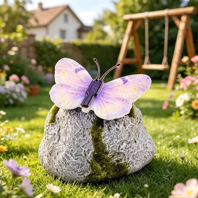 KZQ Solar LED tuinsteentje met vlinder - Verlichte decoratieve tuinsteen voor gazon en tuinpad - Paars