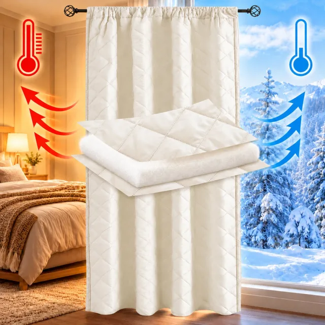 Qelus Thermisch Gewatteerd Gordijn - Beige - 140 x 175 cm - 280 g/m² Polyester - 6-in-1 Ophangsysteem voor Gordijnroede, Haken en Ringen - Lichtdempende Gordijnvoering voor Woonkamer en Slaapkamer