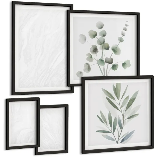 Coloray 5-Delige Schilderij Set - Elegante Lineaire Structuur Van Marmer Met Pastelkleurige Takken - 50 x 50 cm, 20 x 30 cm En 40 x 60 cm - Muurdecoratie - Schilderijen Set - Woonkamer Zwarte lijst
