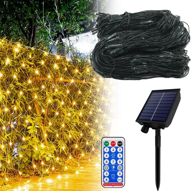 Froadp 6×4M Zonne LED netlichtslang warmwit, 8 lichtstanden met geheugenfunctie en lichtsensor, dubbel opladen via zonne-energie en Type-C USB, tuin en binnen decoratie