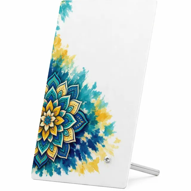 Mr Cadeautjes Glasframe 11 x 16 - design Een grote, centrale zonnebloemmandala op een zachte aquarelw | cadeau Wit