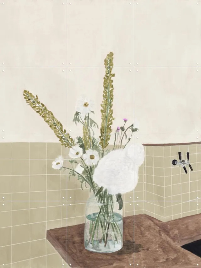 IXXI Vase with Flowers, Isabelle Vandeplassche - 60 x 80 cm - Grote wanddecoratie en posters - Aquarel, Illustraties, Woonkamer, Keuken, Natuur Lichte tinten / Wit