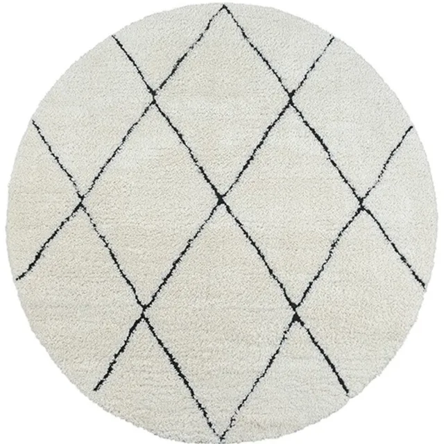 TapisTrend Harig tapijt Wit-Zwart 120 cm rond Hoogpolig vloerkleed met een groot ruitpatroon voor de woonkamer, slaapkamer en ontspanningsruimte
