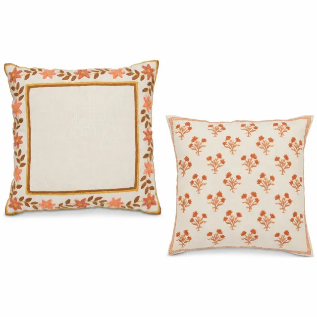 Urbane Hide Set van 2 Geborduurde Kussenhoezen | 45x45 cm | Beige met Oranje Bloemen | Katoen & Acryl | Kussenhoesjes met rits | Zonder Binnenkussens Beige, oranje en bruin