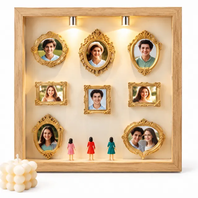 SWGOTA Witte vierkante displayfotolijst 20,3 x 20,3 x 3 cm met 8 minilijstjes en 8 willekeurige figuurtjes