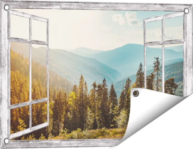 Gards Tuinposter Doorkijk Bos met Bomen in de Hoge Bergen - 60x40 cm - Tuindoek - Tuindecoratie - Wanddecoratie buiten - Tuinschilderij Grijs