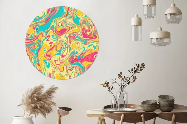 WallCircle Wandcirkel - Muurcirkel - Geel - Roze - Blauw - Retro - Aluminium - Dibond - 140x140 cm - Binnen en Buiten Abstract