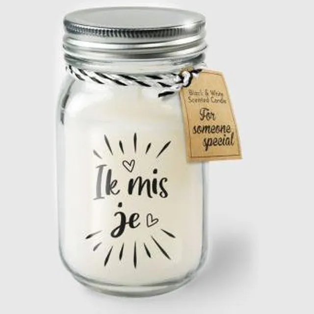 Zusenzow.com Kaars - Ik mis je - Lichte vanille geur - In glazen pot - In cadeauverpakking met gekleurd lint zwart -wit