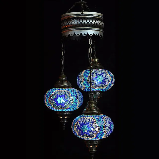 Halay Turkse hanglamp - mozaïek glas blauw - 3 bollen - handgemaakt en uniek design