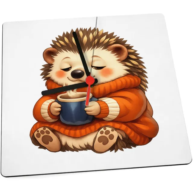 Mr Cadeautjes Klok 19 x 19 - design Een slaperige egel in een oversized trui met een warme drank | cadeau Wit