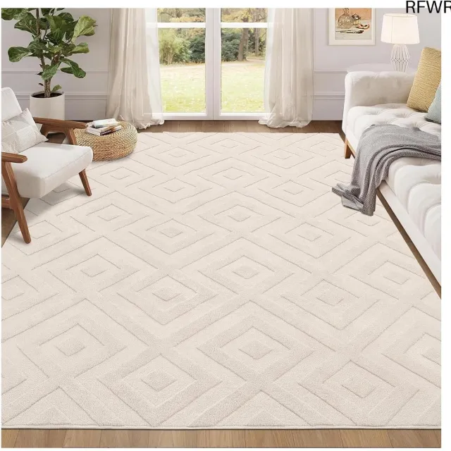 RFWR Groot wasbaar geometrisch tapijt van 160 x 220 cm - modern crèmekleurig design voor woonkamer en slaapkamer