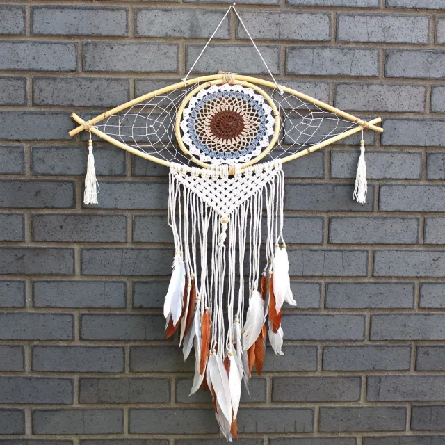 Ancient Wisdom Macramé Dromenvanger - Bescherming - Boze Oog - Bruin, Grijs & Wit - 70x1x23x85cm