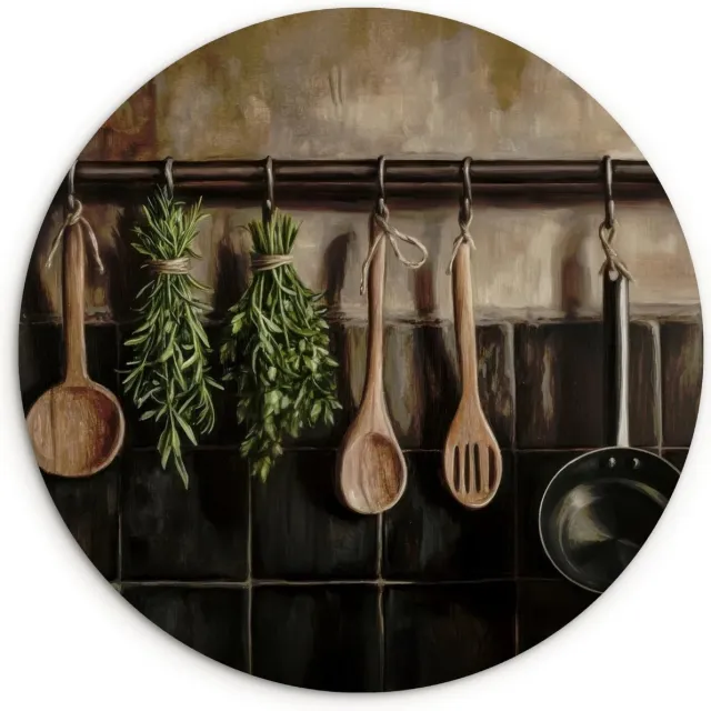 WallCircle Wandcirkel 30x30 cm - Muurcirkel Keukengerei - Rustiek - Tegels - Kruiden - Muurdecoratie woonkamer - Wanddecoratie keuken - Kamer decoratie accessoires - Ronde schilderijen Keukengerei - Stilleven