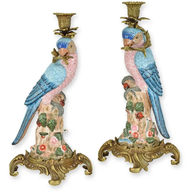VntiQue Porseleinen papegaai kandelaars met bronzen montuur – Set decoratieve vogel kandelaar set – stijlvolle kaarsenhouders voor woonkamer en sfeervolle tafeldecoratie Goud