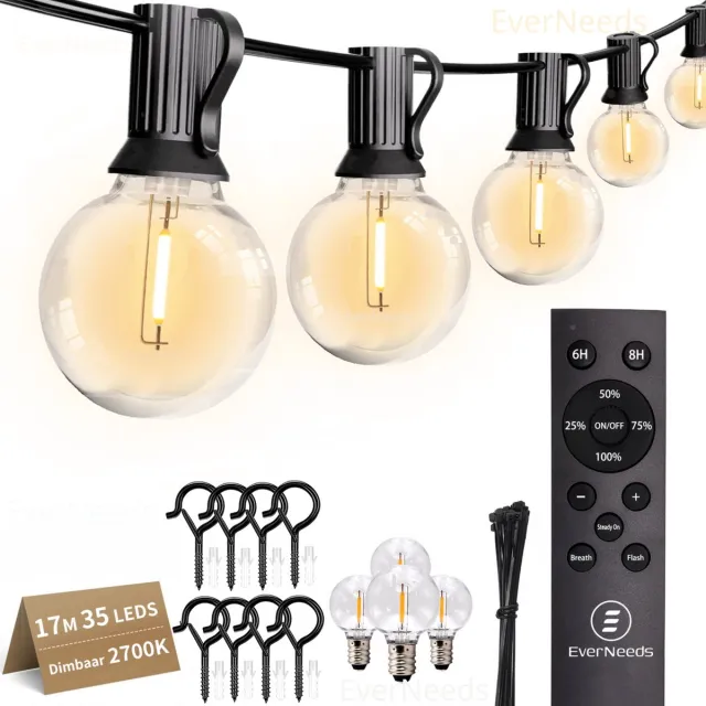 EverNeeds G40 Lichtsnoer Buiten - Prikkabel - 17m Totaal - 15m Verlicht - 35 LED - IP44 - Dimbaar met Afstandsbediening - Lichtslinger - Sfeerverlichting Buiten en Binnen - Warm Wit 2700K - 4 Extra LED’s