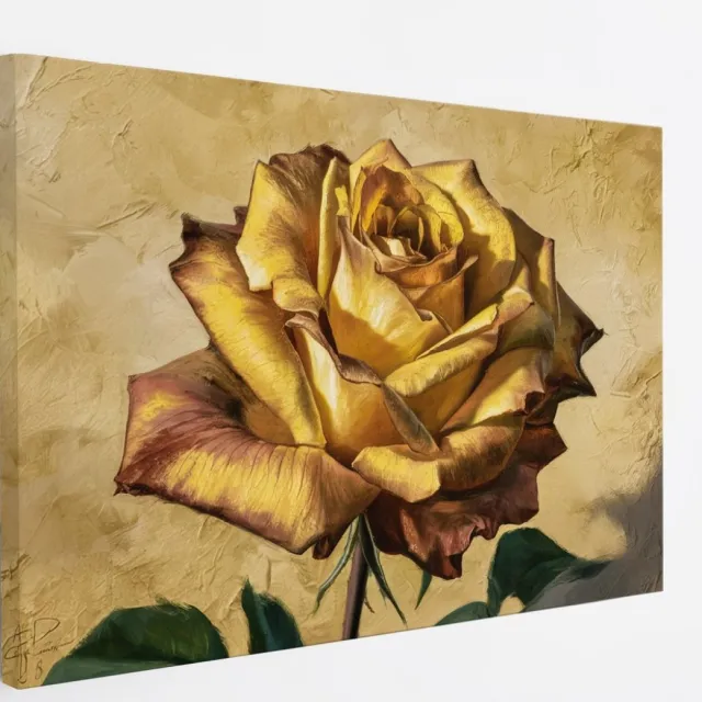 Saammp Canvas Schilderij - Goude Roos - Bloemen - Abstract - 50x40 - Foto op canvas - Wanddecoratie - Muurdecoratie Woonkamer - Kantoor Decoratie Multicolor