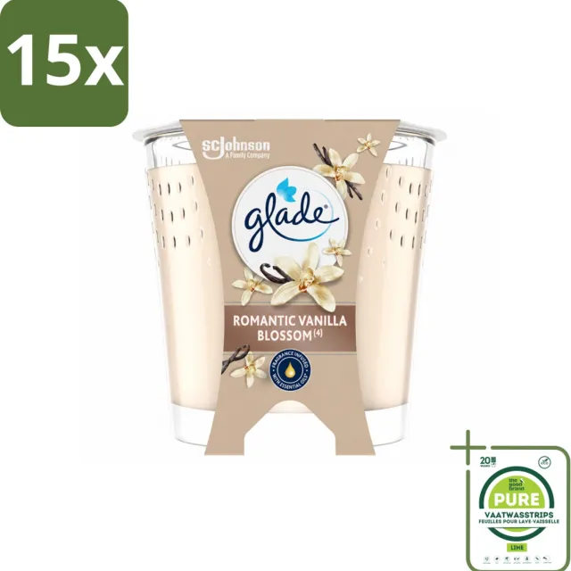 Glade 15 x Glade - Geurkaars Romantic Vanillebloesem - 100% Raapzaadwas & Vegan - 112 g - Grootverpakking - Vaatwasstrips - Romantische Kaars - Geurkaars - Vegan Kaars - Warme Geur - Amber Geur crème