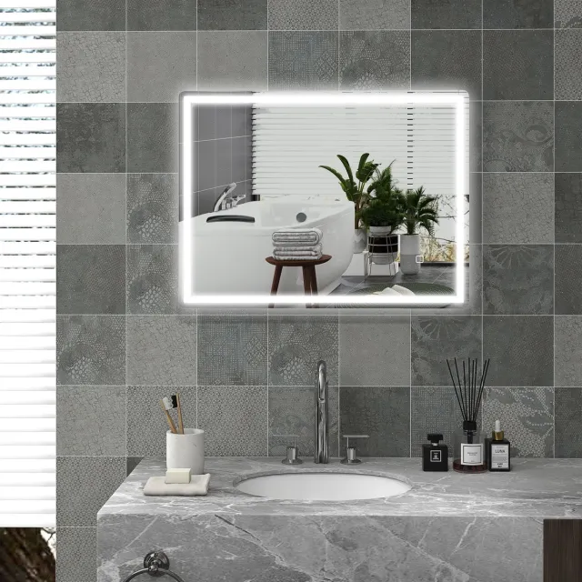 STILVORA Badkamerspiegel LED Dimbaar 80 x 60 cm Met Anticondens Touchbediening En Memoryfunctie Aluminium Frame Glas Zilver Voor Moderne Badkamer Silver