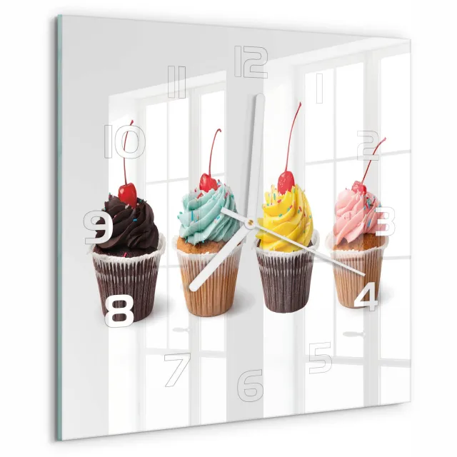 TULUP Wandklok - Muffins Decoratieve Glazen Klok - 30x30 cm - Veelkleurig Glazen Wandklok Design - Witte handen - Vierkante Klok - Glazen Klok Met Print - Wandklok Glas Met Motief