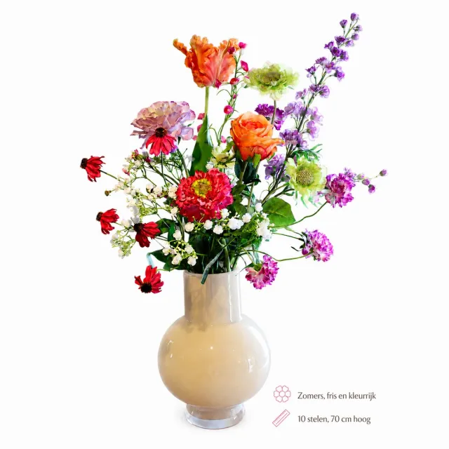 Bloemenjunkie Kunstbloemen - Zijden Bloemen Boeket - Veldboeket - 70 cm hoog - 10 Stelen - vrolijke zomer - Pioenroos - Anemoon - Clematis - Cosmea - Lente - Voorjaar - Nepbloemen Paars, oranje, roze, groen, wit