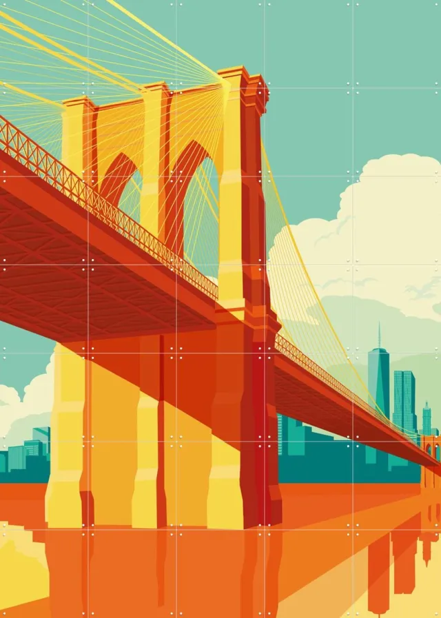IXXI NYC - Brooklyn Bridge Blue, Remko Heemskerk & Kunst in Kaart - 100 x 140 cm - Grote wanddecoratie en posters - Kleurrijk, Digitale Kunst Geel