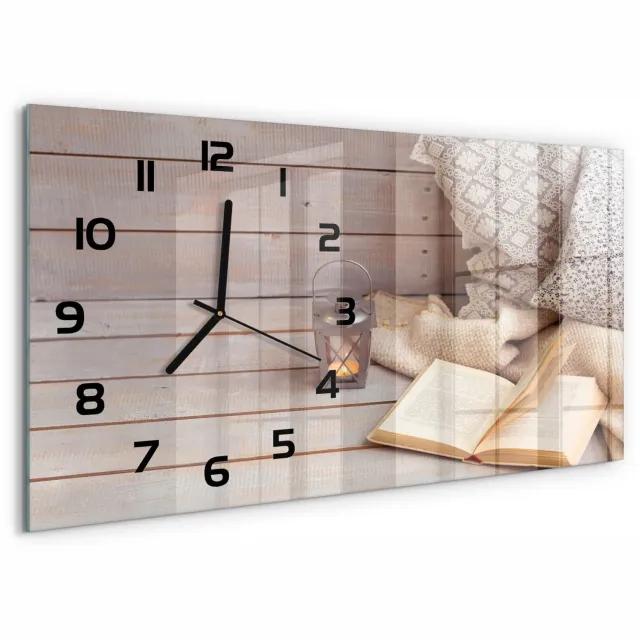 TULUP Wandklok - Ontspan met een boek. Glazen Klok Met Print - 60x30 cm - Beige Wandklok Glas Met Motief - Zwarte handen - Rechthoekige Klok - Wandklok Glas Decoratie - Gekleurde Glazen Klok