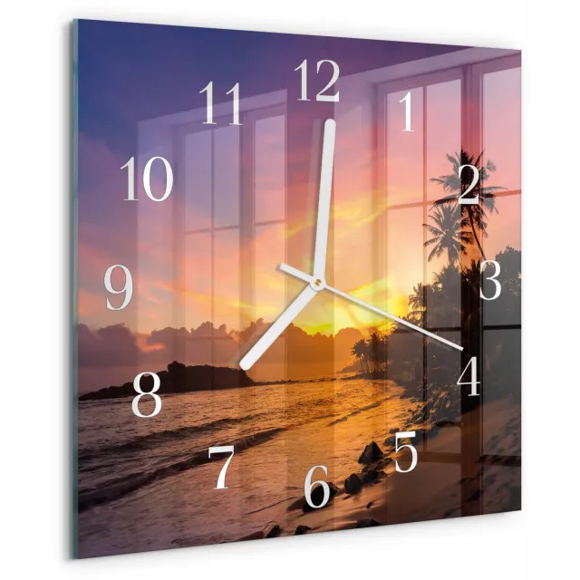 TULUP Wandklok - Zonsondergang Wandklok Glas Decoratie - 30x30 cm - Veelkleurig Gekleurde Glazen Klok - Witte Handen - Vierkante Wandklok - Glazen Klok Met Print - Wandklok Glas Met Motief