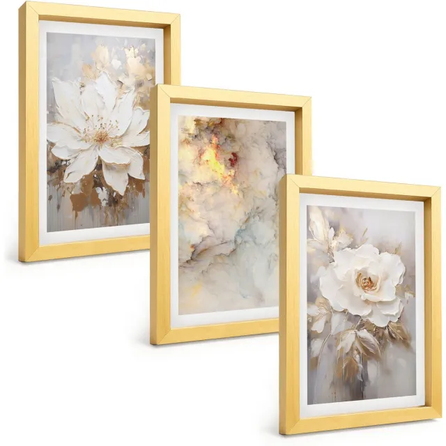 TULUP 4-Delige Schilderij Set - Bloemen op een lichte achtergrond met abstracte patronen. - 20 x 30 cm - Stijlvolle Muurdecoratie - Kantoor - Decoratieve Schilderijen Gouden lijst