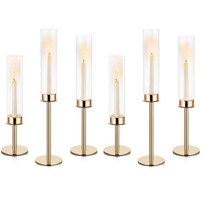 Unyqoos Set van 6 decoratieve metalen kaarsenhouders met glazen cilinder voor sfeervolle verlichting Goud