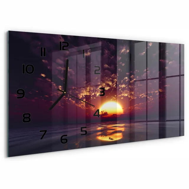 TULUP Wandklok - Zonsondergang Gekleurde Glazen Klok - 60x30 cm - Geel Glazen Klok Met Print - Zwarte handen - Rechthoekige Klok - Moderne Wandklok Glas - Wandklok Glas Decoratie