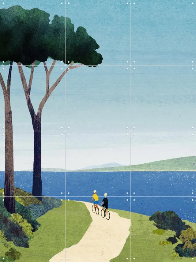 IXXI Cycling by the Sea, Henry Rivers - 60 x 80 cm - Grote wanddecoratie en posters - Illustraties, Minimalisme, Grafisch Ontwerp, Abstract Groen / Blauw / Beige