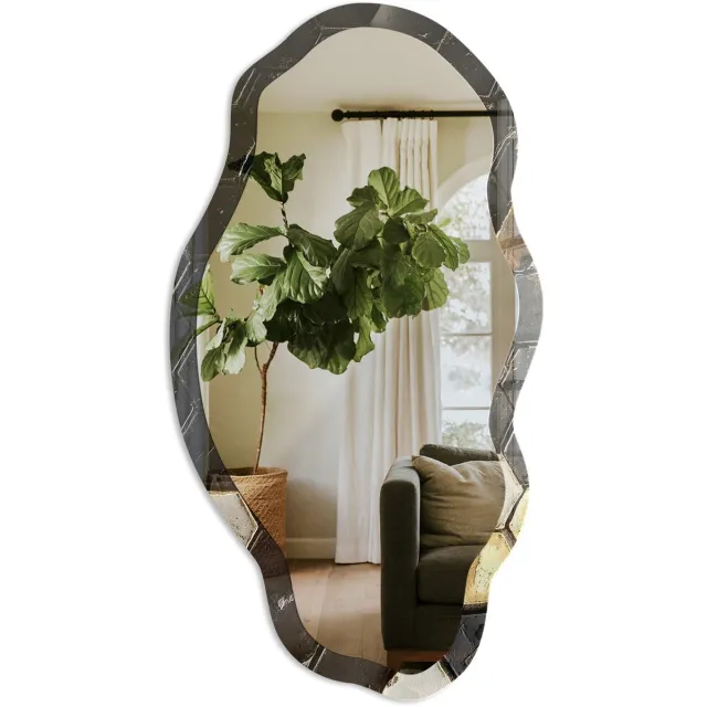 TULUP Geometrische Tegels Spiegel - Zwart Rechthoekige Spiegel Voor Interieur - Organische Spiegel - Badkamer, Keuken, Woonkamer - Geometrisch - 45x90 cm - Totale afmeting 52x97 cm Geometrische Tegels, Zwart