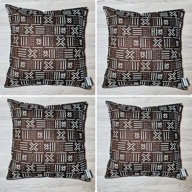 Mashona Collections Set of 4 Cushion Covers | 40x40cm | Decorative Pillowcase | Bohemian Style Geometric Inspired Print Home Decor Throw Pillow Cotton Ethnic Brown White Bogolan