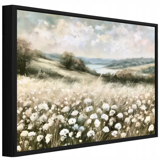 WALLARENA Schilderij op canvas met zwarte lijst - 120x80 cm - veld met wilde bloemen en natuur - voor slaapkamer en woonkamer Beige