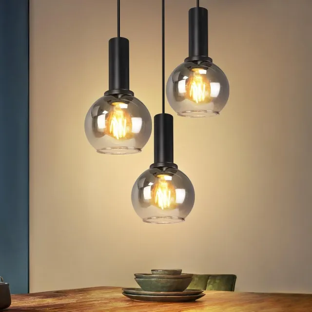 Glitzerlife Hanglampen - Vintage stijl - 3xE27 - Hoogte verstelbaar - Rookglas metaal - Ø22cm - Smoky grijs - Eetkamer Verstelbaar - Woonkamer Slaapkamer Keuken Mat Zwart Schijf