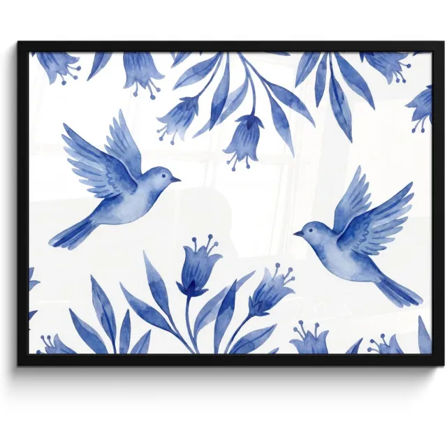 FrameYourWall Poster in lijst - Fotolijst 80x60 cm - Posters - Modern - Vogels - Delfts - Blauw - Posterlijst zwart - Decoratie - Wanddecoratie woonkamer - Muurdecoratie slaapkamer
