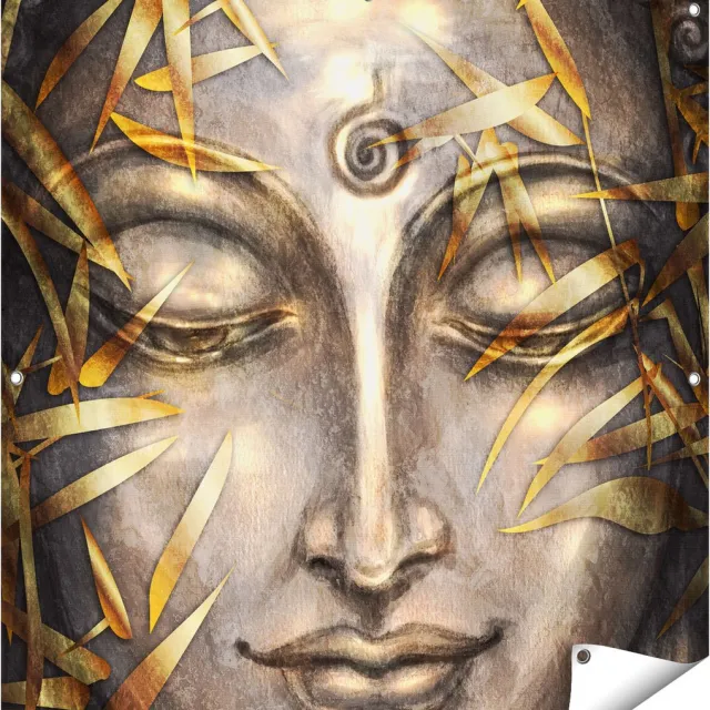 Gards Tuinposter Boeddha Beeld met Gouden Bladeren - 100x100 cm - Tuindoek - Tuindecoratie - Wanddecoratie buiten - Tuinschilderij Multikleur