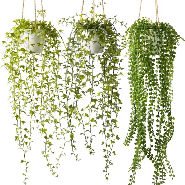 Ibenzoa Drie Kunsthangplanten met Witte Potten - Perfecte Decoratie voor Elke Ruimte groen