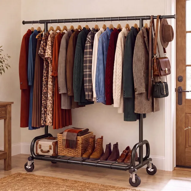 Hokeeper Zwaar uitschuifbaar kledingrek op wielen – 116-180 cm breed, 204 kg draagkracht, 3-in-1 ontwerp (kleding, schoenen, paraplu's) – zwart
