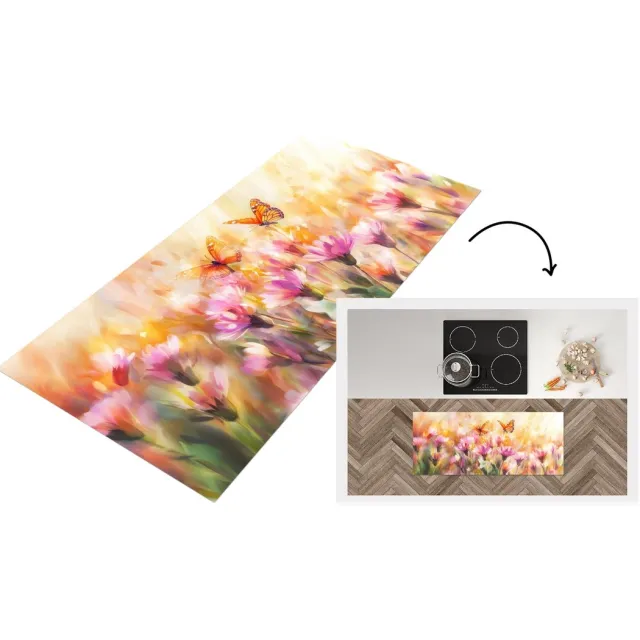 KitchenYeah Keukenloper - Keukenmat vinyl Vlinders - Oranje - Bloemen - Keukenmatten loper - Keuken vloerkleed tapijt Vlinders - Kleurrijk
