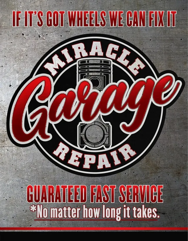 Desperate enterprisis Miracle Garage . Metalen wandbord 40,5 x 31,5 cm. meerkleurig
