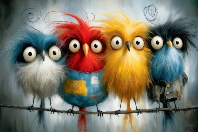 John Joseb Art (Glas) 90x60 | Grappige gekke vogels op een tak, kleurrijk, humor, kunst, bolle ogen, dier, vogel, geel, rood, blauw, modern | Foto-schilderij-glasschilderij-acrylglas-acrylaat-wanddecoratie Acrylglas, dikte 5 mm