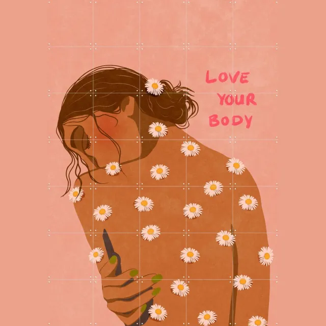 IXXI Love Your Body, Raissa Oltmanns - 100 x 140 cm - Grote wanddecoratie en posters - Fantasierijk, Cartoonesk, Digitale Kunst, Typografie Beige / Roze