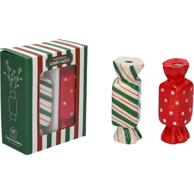 Cosy Creations Cozy Creations Cadeauset / giftset kaarsenhouders candy 2 stuks groen/rood 4.5x11.5cm rood / groen
