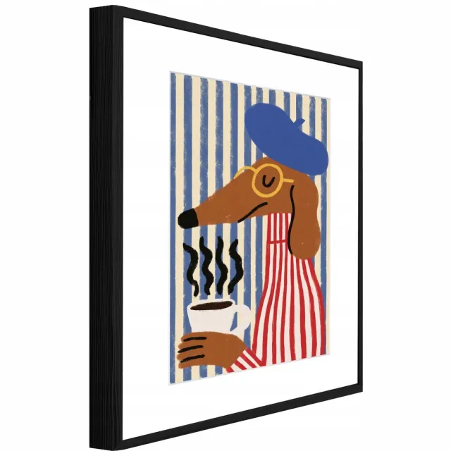 WALLARENA Schilderij met reliëf en passe-partout 90x60 cm - zwarte lijst - teckel met koffie - wanddecoratie voor woonkamer en slaapkamer Bruin