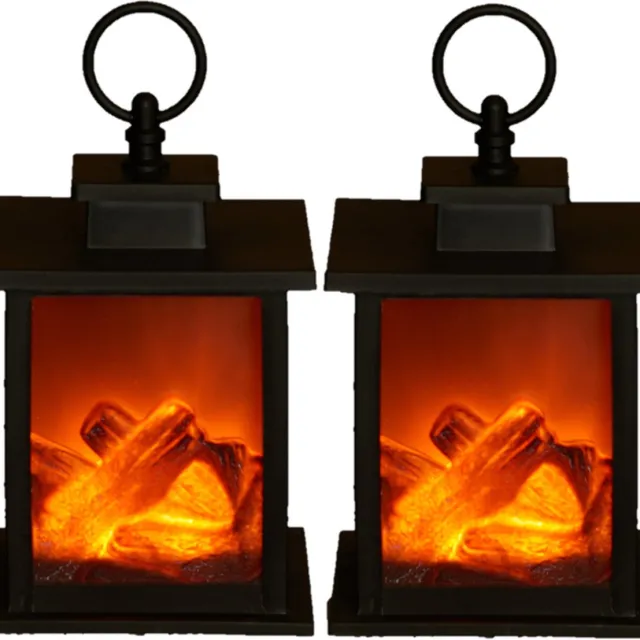 Anna's Collection Sfeerhaard lantaarn - 2x stuks - zwart - led verlichting - L12 x B12 x H18,5 cm - open haard sfeerverlichting