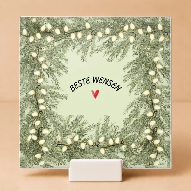 Bedruk King Sfeervolle Beste Wensen Tegel – Keramieke Kersttegel met Dennentakken en Lichtjes voor Kerstliefhebbers - 11 x 11 cm met houder Wit