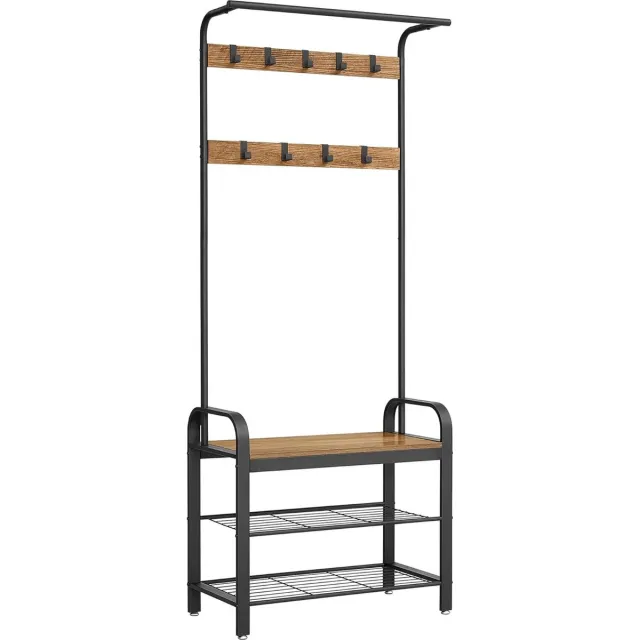 FurnStar Kapstok - Kapstok met Schoenenopbergbank - 4 in 1 Design - met 9 Afneembare Haken - Een Kledingroede - Voor Hal - Entree - 33,7 x 72 x 183 cm - Industrieel - Grenen en Zwart Rustiek walnoot en zwart
